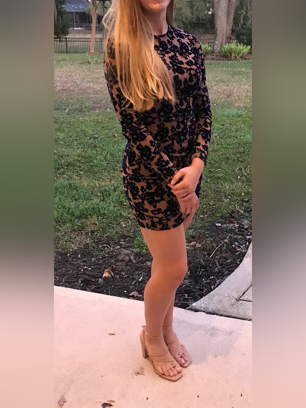 Long-Sleeve Navy and Tan Floral Bodycon Dress